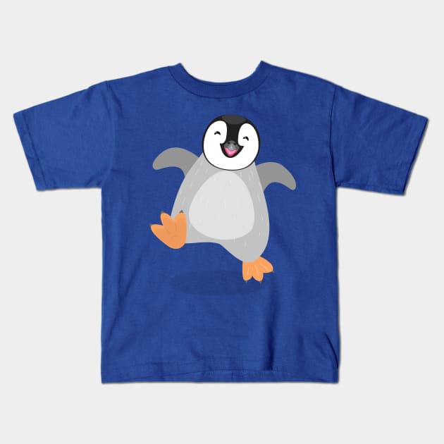 Cute happy emperor penguin chick dancing cartoon Kids T-Shirt by FrogFactory